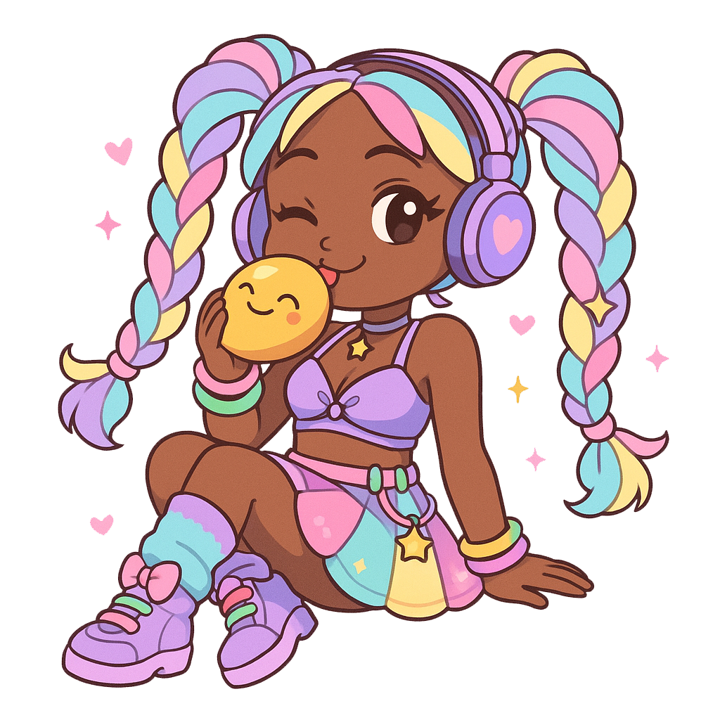 Kawaii mascot with pastel braids and headphones holding a mango